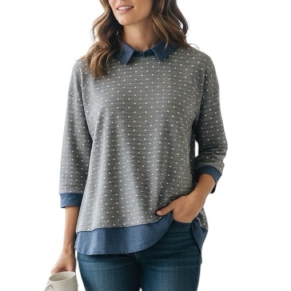 Ann Taylor Women’s M Gray Polka Dot Sweatshirt Top Navy Collar Layered Look